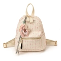 Mini mochila de tweed beige con motas rosas y un accesorio de caballo a cuadros rojos - Con Colgante / Blanco