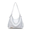 Light blue faux leather tote bag with silver chain and heart charm detail - Blue