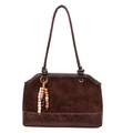 Borsa tote retrò marrone scuro in pelle e scamosciata con ciondolo di perline colorate - Marrone