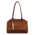 Borsa tote vintage in camoscio marrone con manici in pelle e ciondolo di perline - Marrone