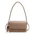 Minimalist dark beige leather square shoulder bag with unique beaded tassel charm detail - With Charm / Khaki