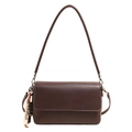 Dark brown leather shoulder bag with lychee texture and decorative beaded tassel charm - With Charm / Brown