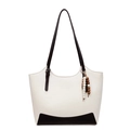 Bolso tote blanco minimalista con ribete de cuero marrón y borla retro con cuentas - Blanco Roto