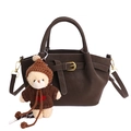Dark brown suede bucket bag with decorative buckle and cute bear plush charm - With Pendant / Brown