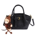Black suede bucket bag with adjustable strap and cute brown teddy bear pendant charm - With Pendant / Black