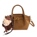 Brown faux suede bucket bag with top handles, crossbody strap and plush bear charm - With Pendant / Caramel color