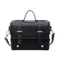 Classic black faux leather crossbody bag with top handle and elegant gold hardware - Black