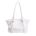 White large-capacity faux leather tote bag with pebble texture and silver hardware details - White
