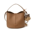 Sac seau en cuir marron avec nœud léopard et breloque pompon en fourrure chic - Avec Pendentif / Kaki