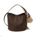 Brown lychee leather bucket bag with wide handle and trendy leopard print charm - Brown