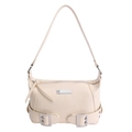 Bolso de hombro retro beige crema con hebillas vintage y detalles plateados - Blanco