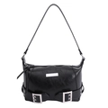 Bolso baguette vintage de cuero sintético negro con hebillas plateadas y placa de metal - Negro