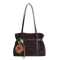 Dunkelbraune Shopper-Tasche aus Wildlederimitat mit weißen Nähten und Plüsch-Anhänger - Mit Anhänger / Kaffeebraun