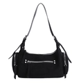 Chic black suede shoulder bag with decorative zippers and adjustable crossbody strap - Black
