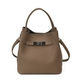 Dark khaki bucket handbag in litchi grain texture with silver twist lock and handle - Gray