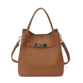 Classic brown litchi pattern bucket bag with silver lock and detachable strap - Brown