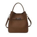 Brown lychee pattern bucket bag with a round handle and adjustable shoulder strap - Brown
