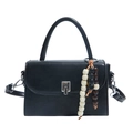 Elegant black leather handbag with silver twist lock and colorful beaded tassel accessory - Black