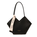 Borsa tote nera intrecciata con design geometrico a V e nastro decorativo sul manico - Nero