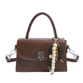 Dark brown matte leather handbag with vintage wooden bead charm and metal lock closure - Brown