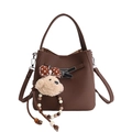 Minimalist dark brown litchi pattern bucket bag with cute plush bear charm - Brown