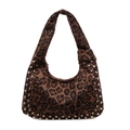 Borsa a spalla leopardata alla moda con borchie argentate e design a forma di mezzaluna - Marrone