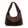 Borsa sottobraccio retrò con stampa leopardata, borchie argento e finitura opaca - Marrone