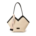 Borsa tote beige intrecciata con apertura a V e bordi neri a contrasto di stile - Beige e nero