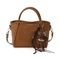 Caramel brown faux leather tote bag with monster plush charm and leopard bow - With Pendant / Brown