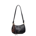 Retro black faux leather shoulder bag with gold logo and pretzel charm accessory - With Pendant / Black