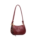 Burgundy faux leather crescent shoulder bag with vintage crinkle texture and gold logo - With Pendant / Burgundy