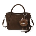 Dark brown faux suede bucket bag with top handles and cute plush charm detail - With Pendant / Brown