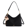Minimalist black hobo shoulder bag in faux suede with a cute plush puppy charm - Black
