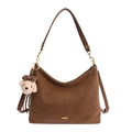 Brown textured baguette bag with a cute plush bear pendant and golden metal logo - Brown