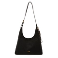 Borsa hobo in pelle scamosciata nera con barra in metallo dorato e ciondolo con nappe - Con Ciondolo / Nero