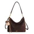 Retro dark brown matte leather hobo shoulder bag with cute bear charm and tassel - Brown