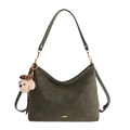 Minimalist vintage olive green hobo bag with gold metal logo and plush pendant detail - Olive Green