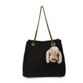 Black quilted tote bag with golden chain straps and a cute plush bunny charm - With Pendant / Black