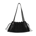 Minimalist black faux suede drawstring shoulder bag with silver hardware for women - Black