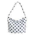 Chic white polka dot nylon shoulder bag with a curved base and matching wide strap - White With Pendant