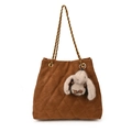 Quilted dark brown suede tote bag with golden chain strap and a plush rabbit charm - With Pendant / Brown