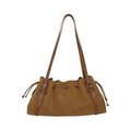 Vintage caramel brown pleated tote bag with drawstring closure and silver hardware - Brown