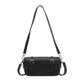Minimalist black square bag with litchi texture and silver buckle straps for women - Black