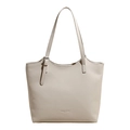 Beige faux leather tote bag with pebble grain texture and adjustable buckle straps - White