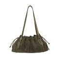 Olive green suede tote bag featuring a drawstring pleated design and long shoulder straps - Green
