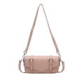Minimalist pink leather barrel crossbody bag with decorative buckles on white background - Pink