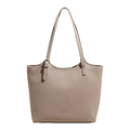 Minimalist beige lychee grain leather tote bag with long straps and silver buckle detail - Gray