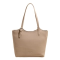Minimalist light khaki tote bag in pebble grain leather with shoulder straps and metal buckle - Khaki