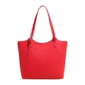 Classic red lychee leather tote bag with contrast stitching and silver hardware for women - Red