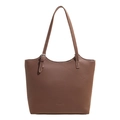 Brown litchi grain leather tote bag with white contrast stitching and adjustable straps - Brown